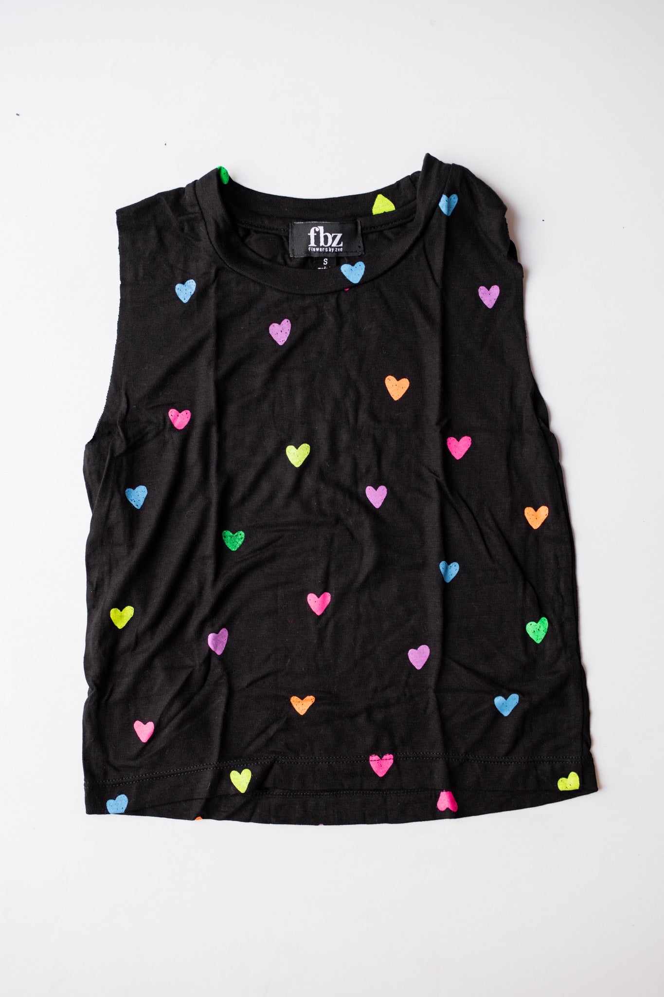 All Over Hearts Cut Off Tank | Black + Rainbow Hearts