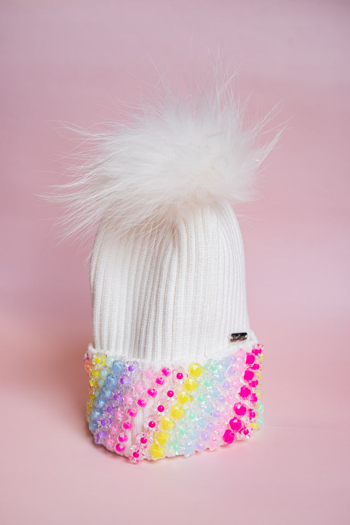 Beaded Pom Beanie | White Rainbow
