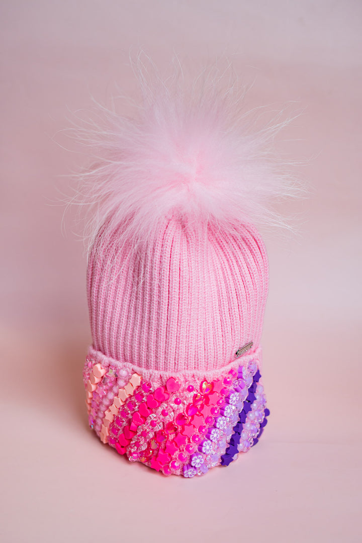 Beaded Pom Beanie | Pink