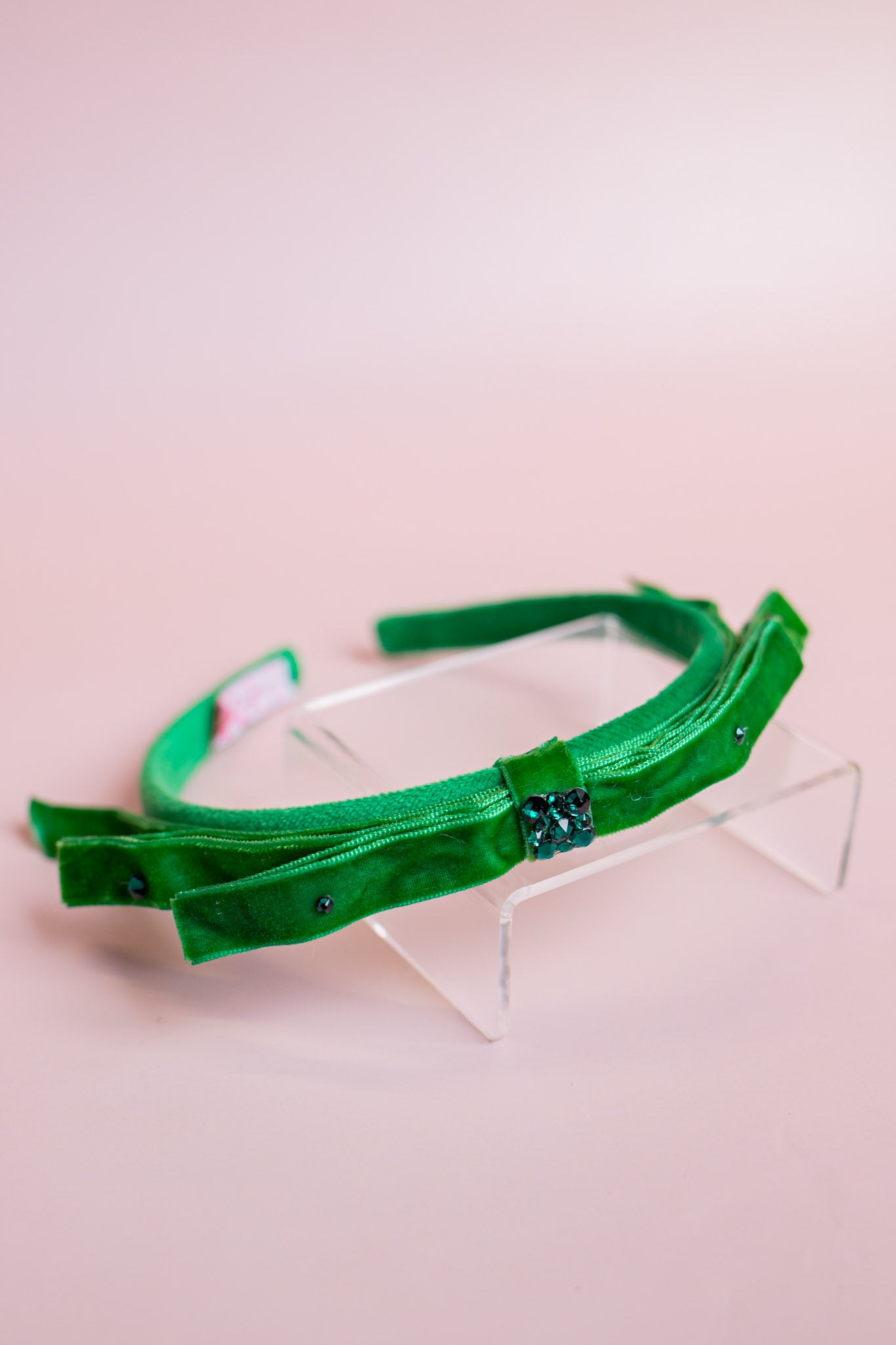 Thin Crystalized Velvet Bow Headband | Green