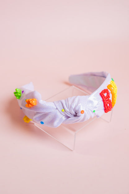 Beaded Gummy Bear Birthday Knot Headband | White