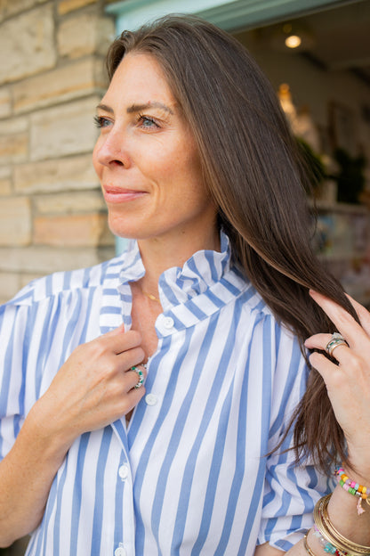 Sky Ruffle Collar Puff Sleeve Shirt Dress