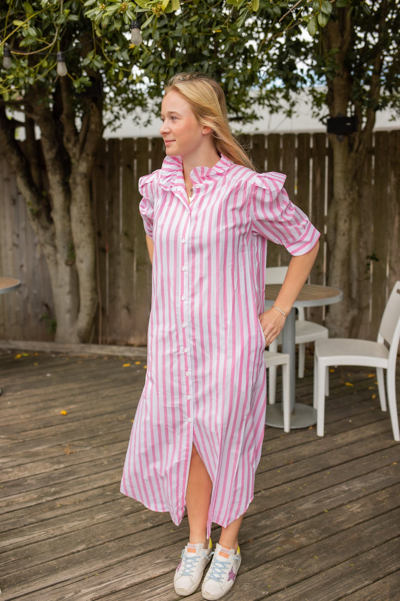 Pink Ruffle Collar Puff Sleeve Midi Shirt Dress