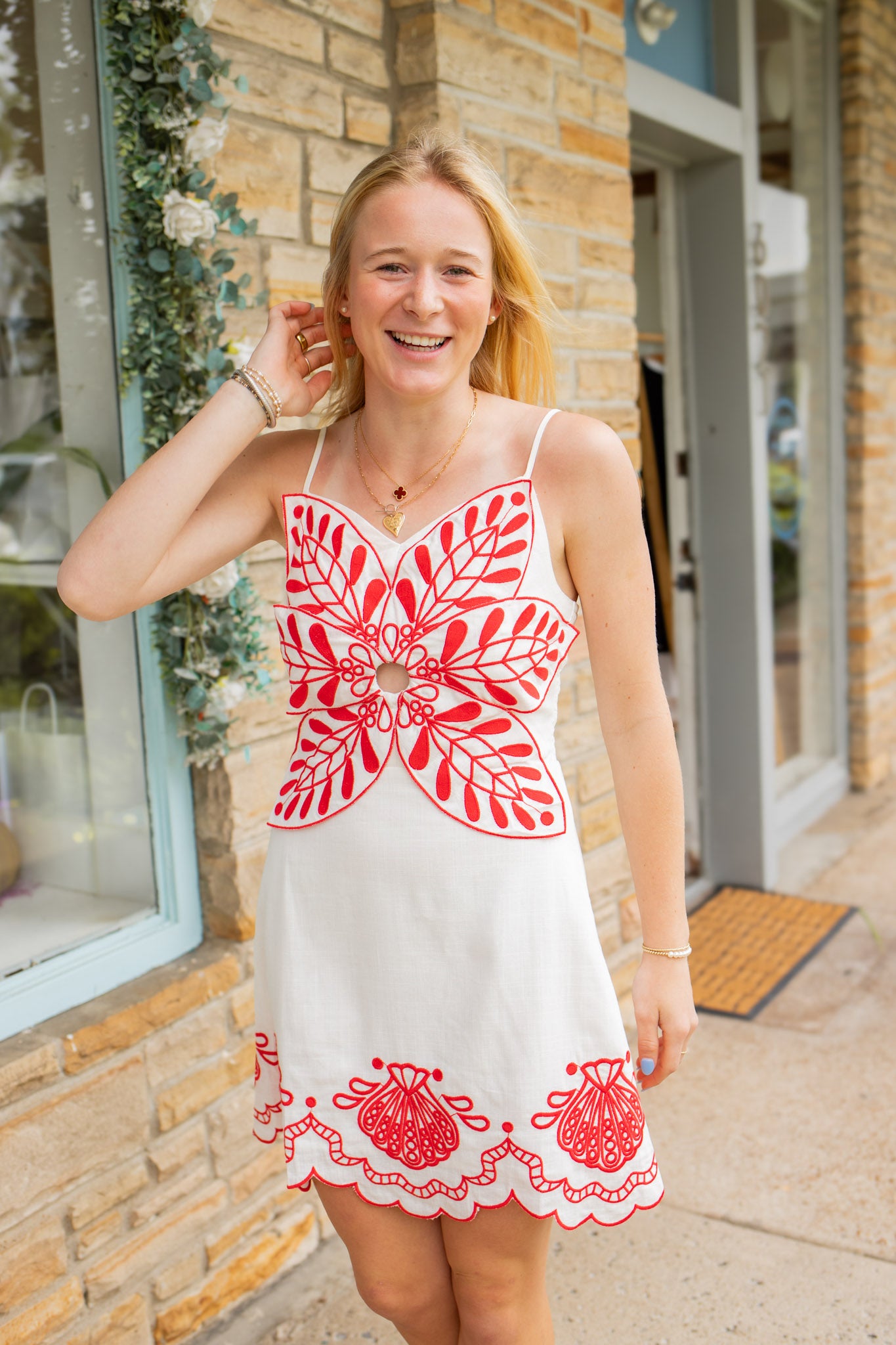 Red Embroidered Scallop Edge Dress