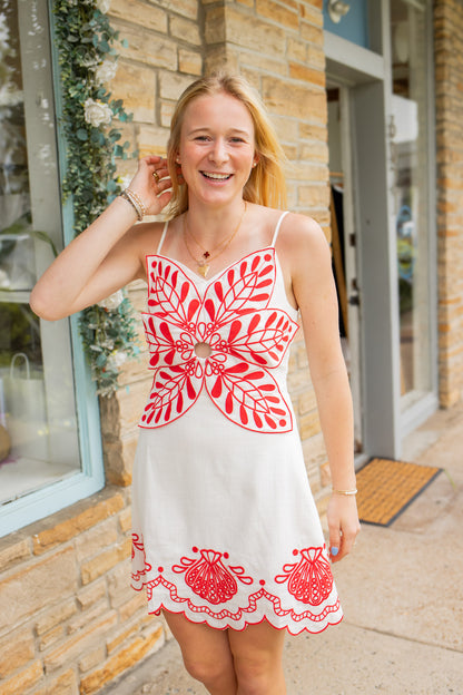Red Embroidered Scallop Edge Dress