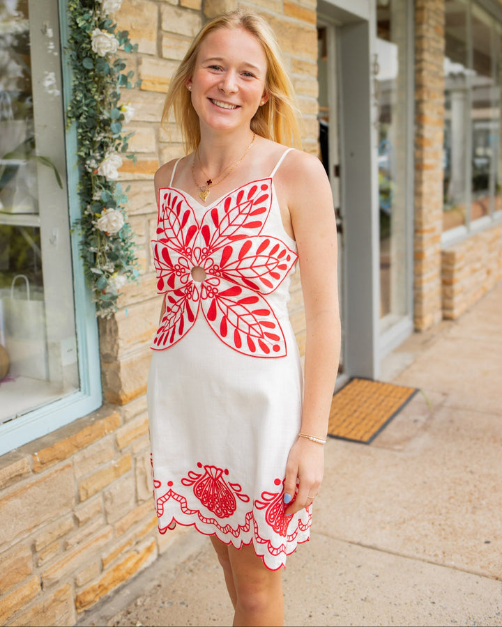 Red Embroidered Scallop Edge Dress