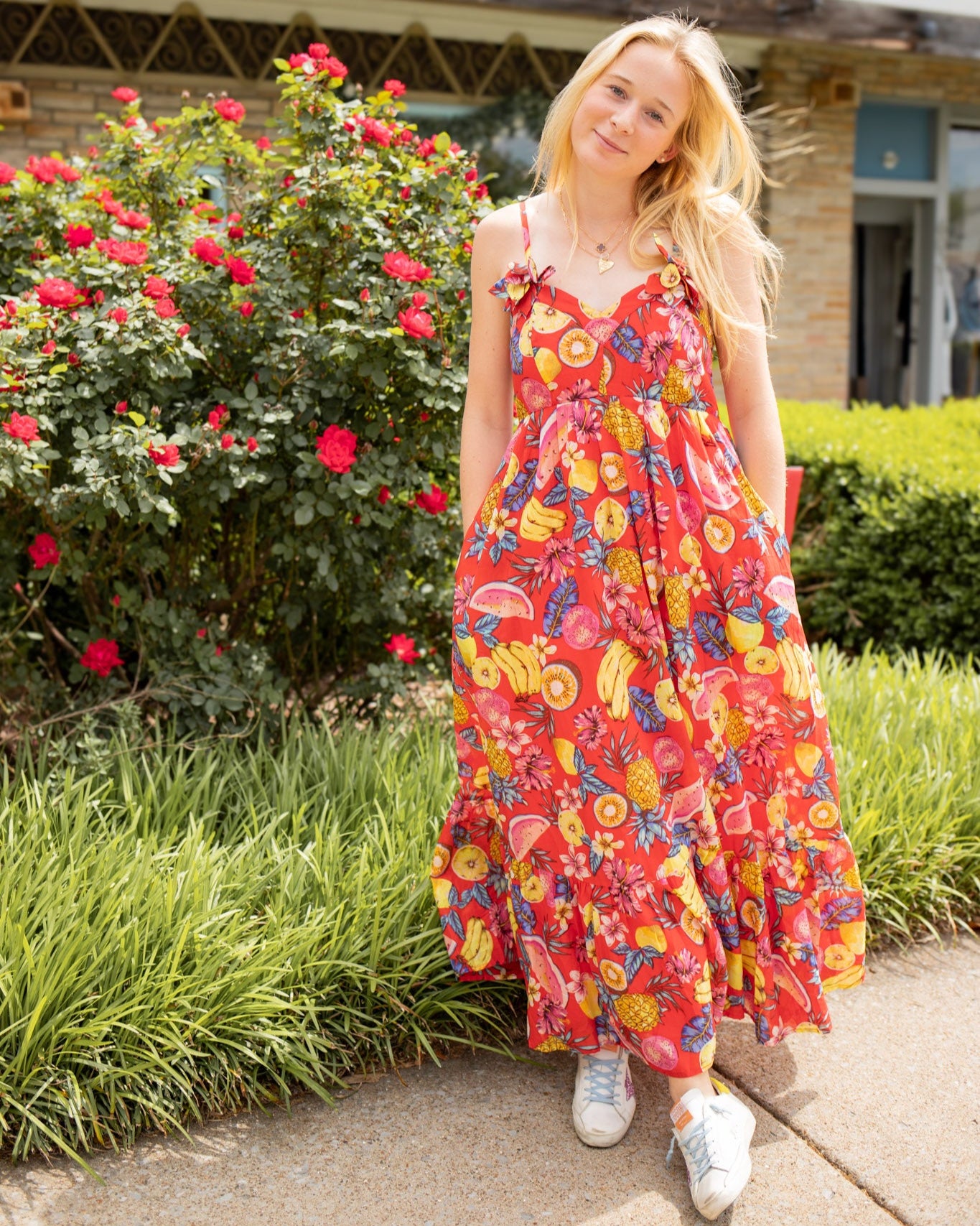 Fruit Motif Floral Trimmed Maxi Dress