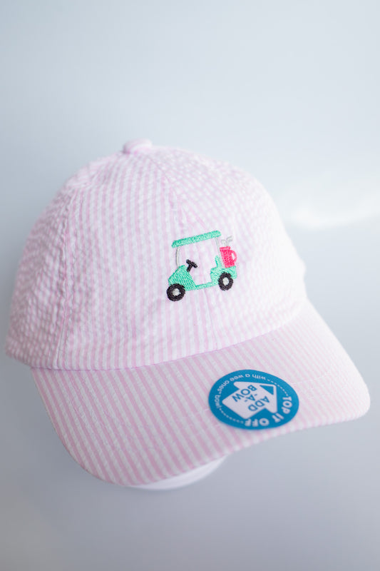 Embroidered Seersucker Ball Cap | Pink Golf Cart