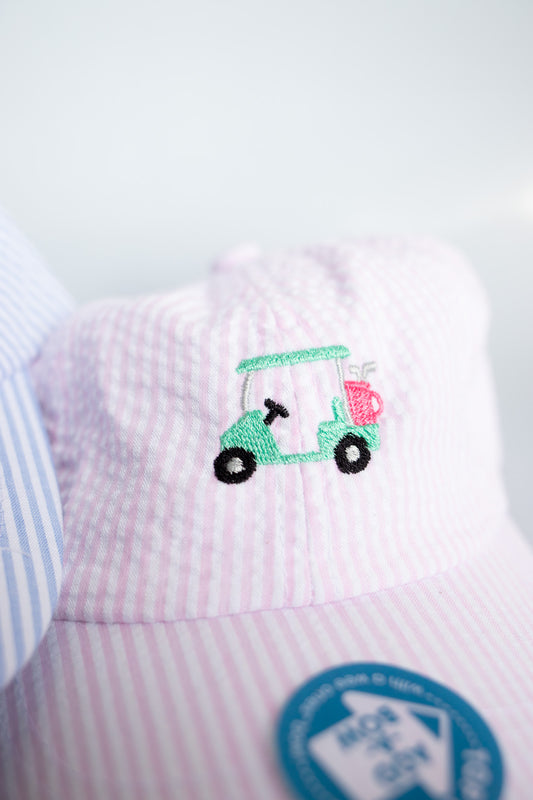 Embroidered Seersucker Ball Cap | Pink Golf Cart