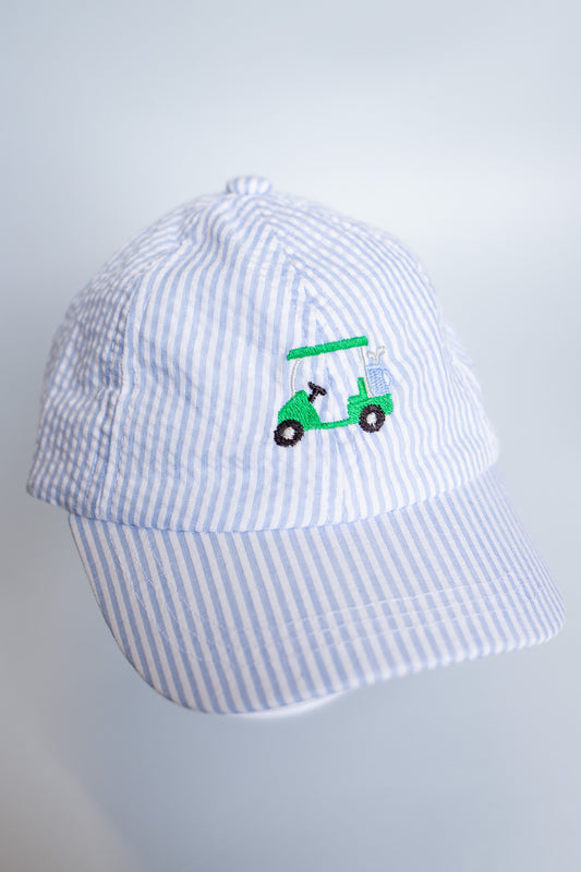 Embroidered Seersucker Ball Cap | Blue Golf Cart