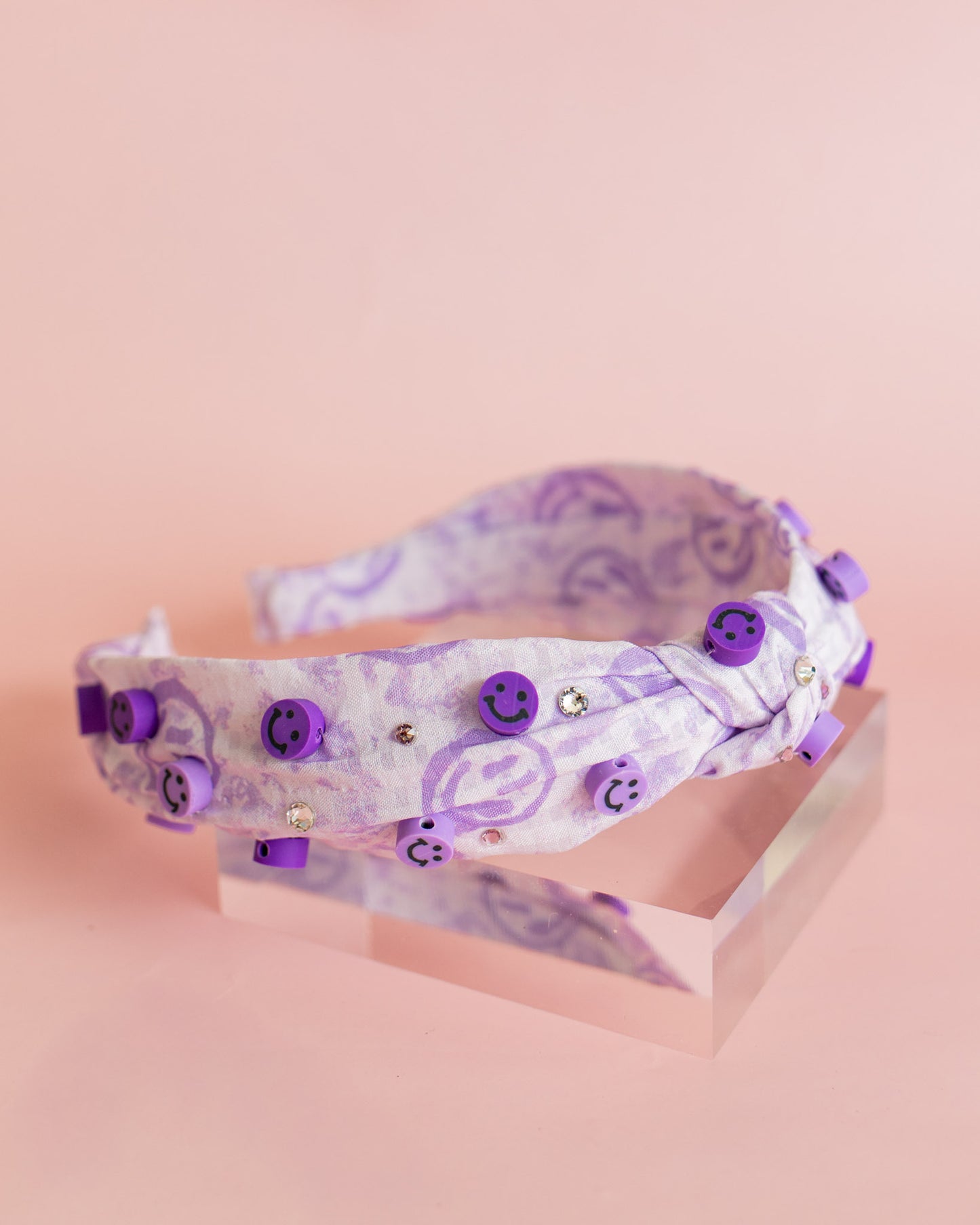 Smiley Charm Knot Headband | Lilac Gingham