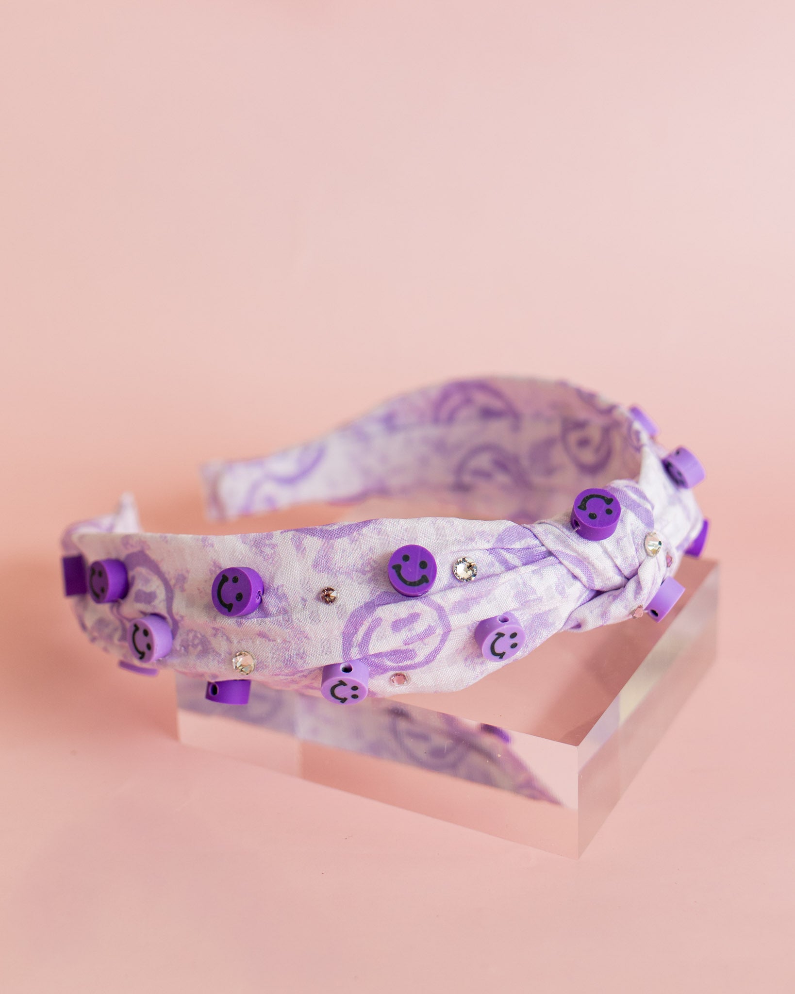 Smiley Charm Knot Headband | Lilac Gingham