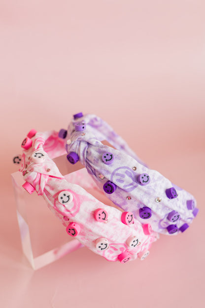 Smiley Charm Knot Headband | Lilac Gingham