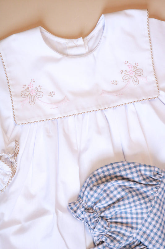 Long Sleeve Floral Ribbon Embroidered Dress | White/Khaki