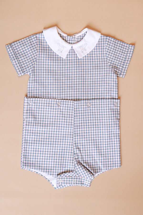 Helicopter Embroidered Boysuit | Blue Plaid
