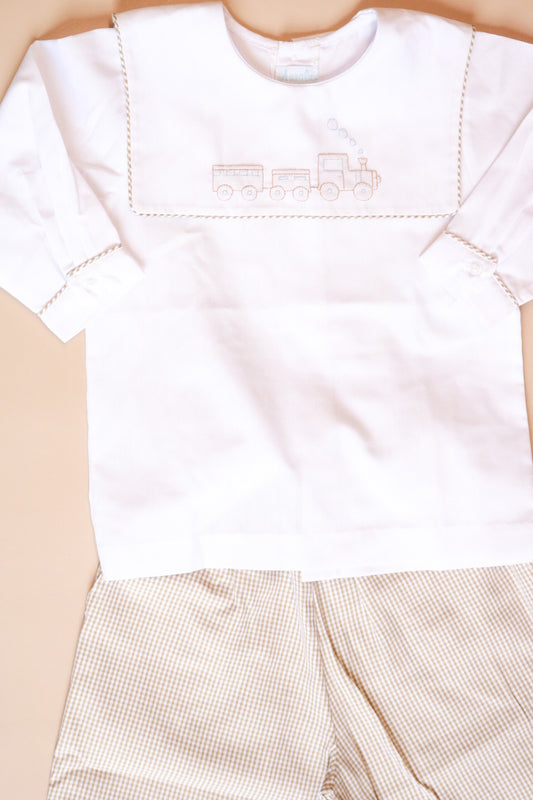 Train Embroidered Pant Set | White/Khaki