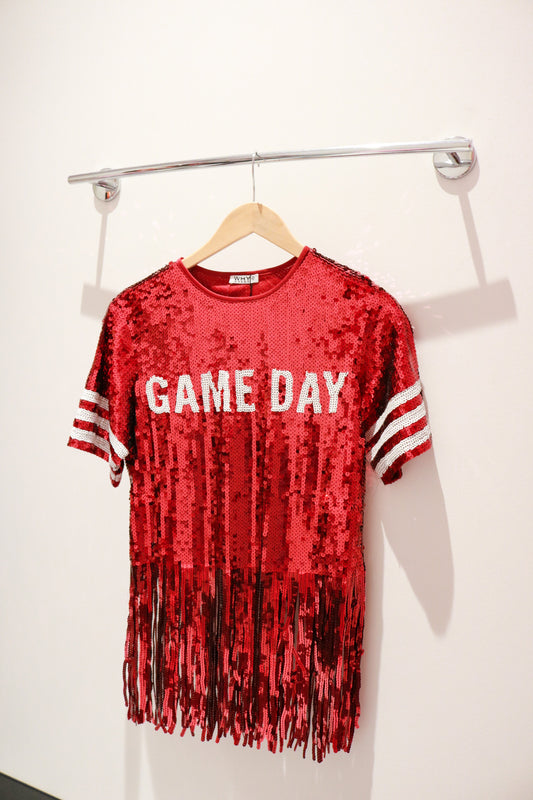 Gameday Sequin Fringe Top | Maroon and White