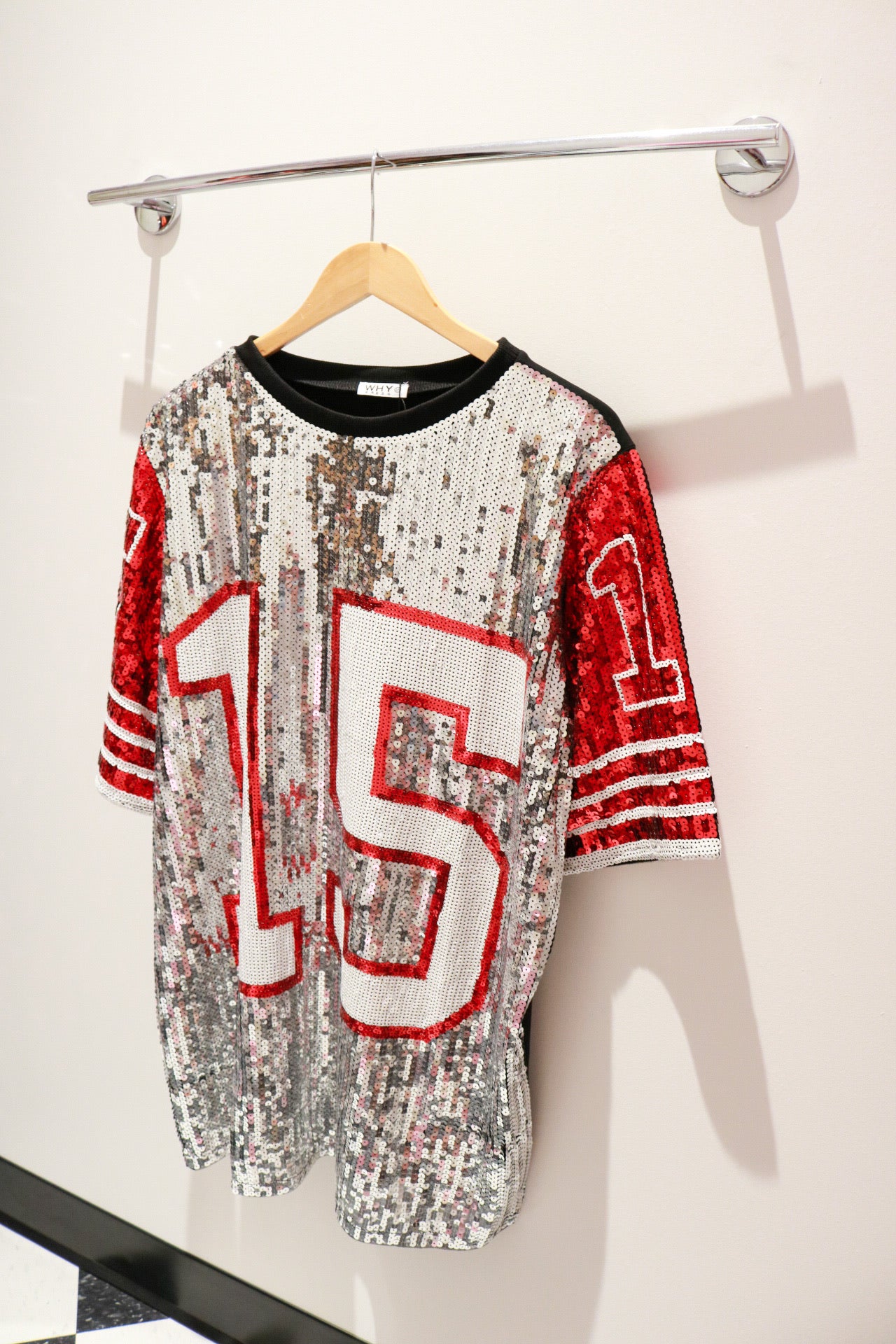 Gameday Sequin T-Shirt Dress | Silver and Red