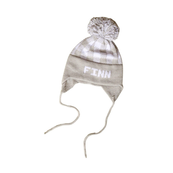 Plaid Earflap Hat, Light Grey with White