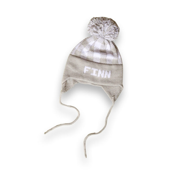 Plaid Earflap Hat, Light Grey with White