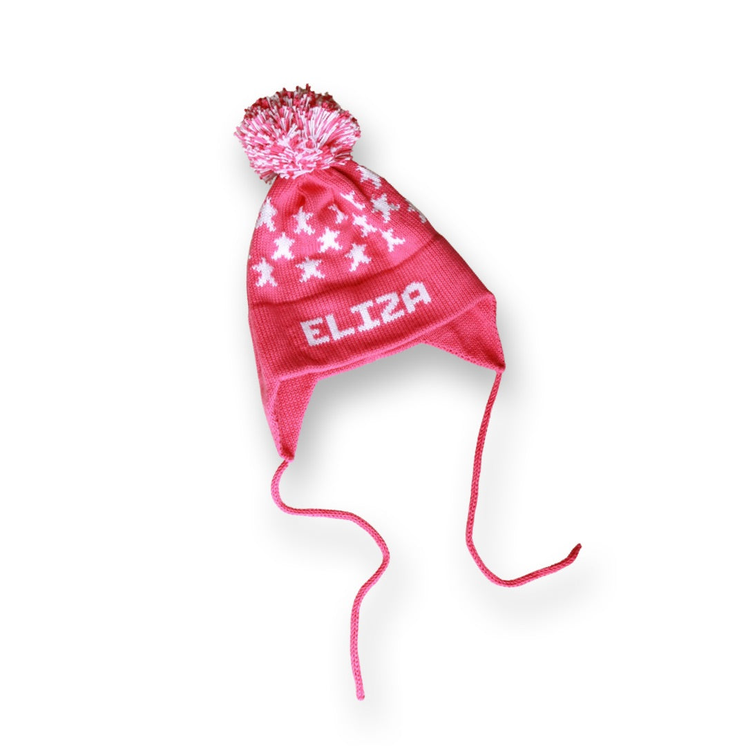 Star Earflap Hat, Fuchsia with White