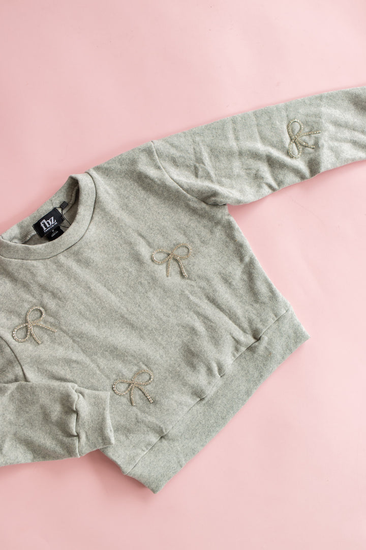 Grey Crewneck Sweatshirt | Rhinestone Bows