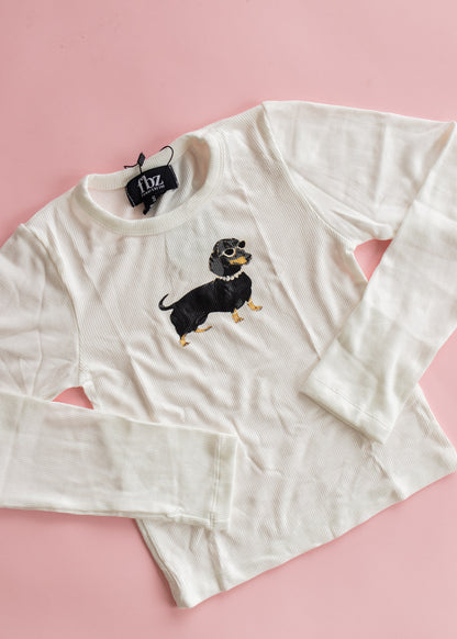 Rib Long Sleeve | White with Fancy Dog