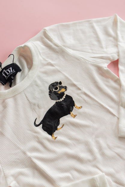 Rib Long Sleeve | White with Fancy Dog