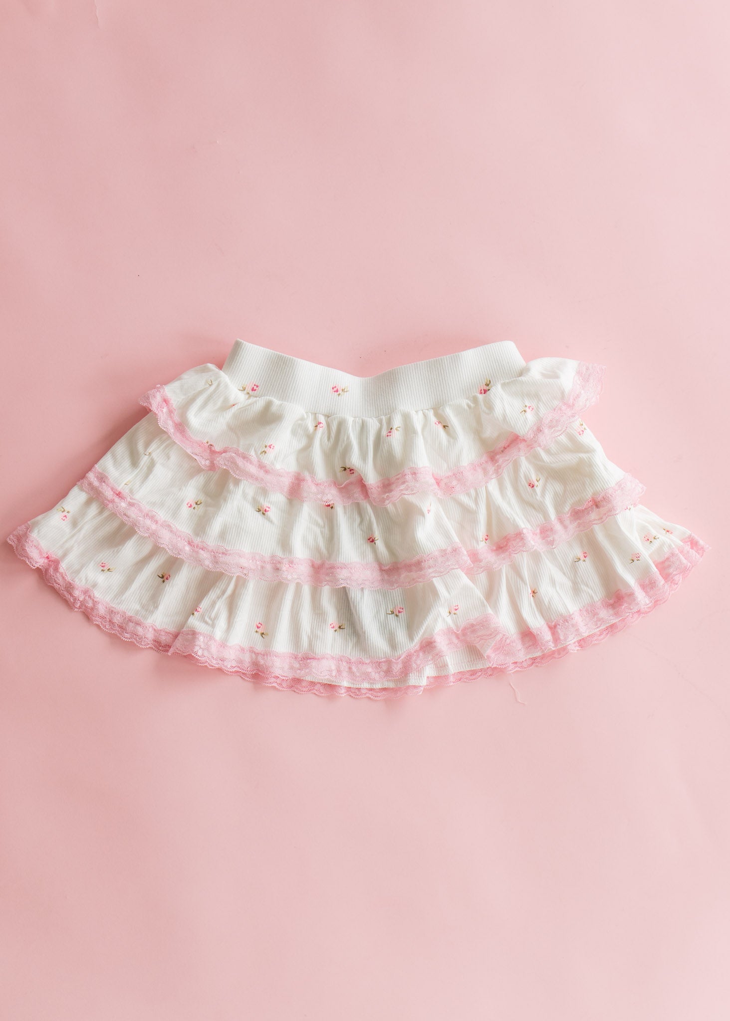Rib Tiered Skirt | White with Pink Ditsy