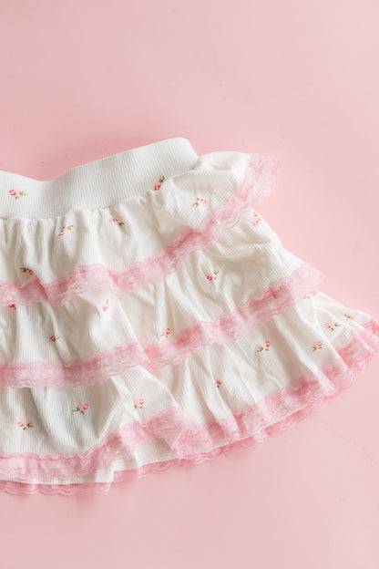 Rib Tiered Skirt | White with Pink Ditsy