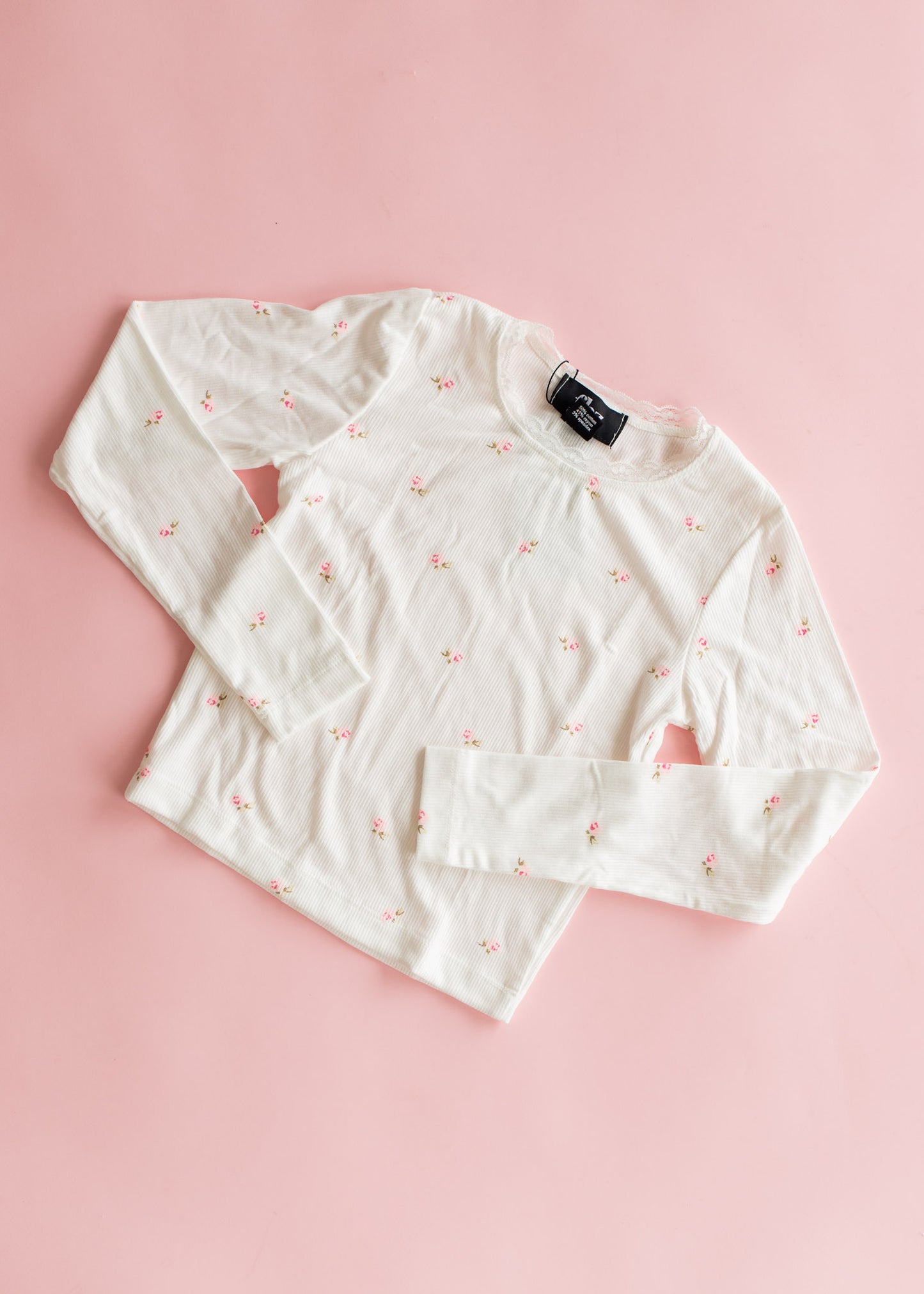 Rib Long Sleeve | White with Pink Ditsy