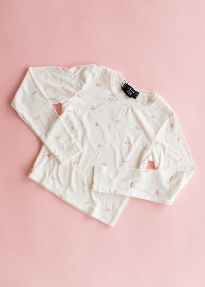 Rib Long Sleeve | White with Pink Ditsy