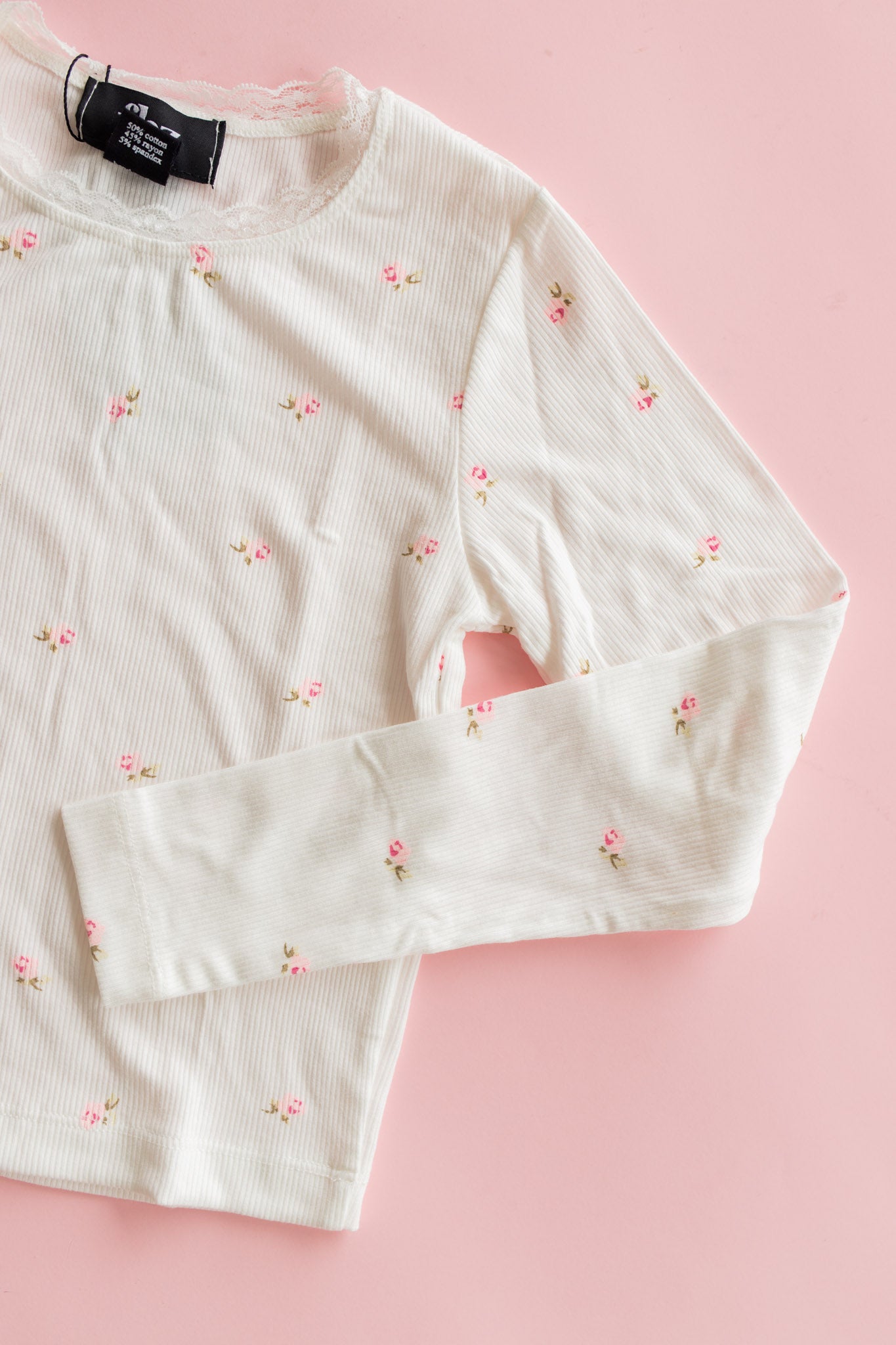 Rib Long Sleeve | White with Pink Ditsy
