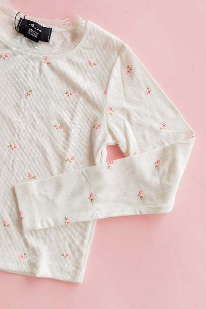 Rib Long Sleeve | White with Pink Ditsy