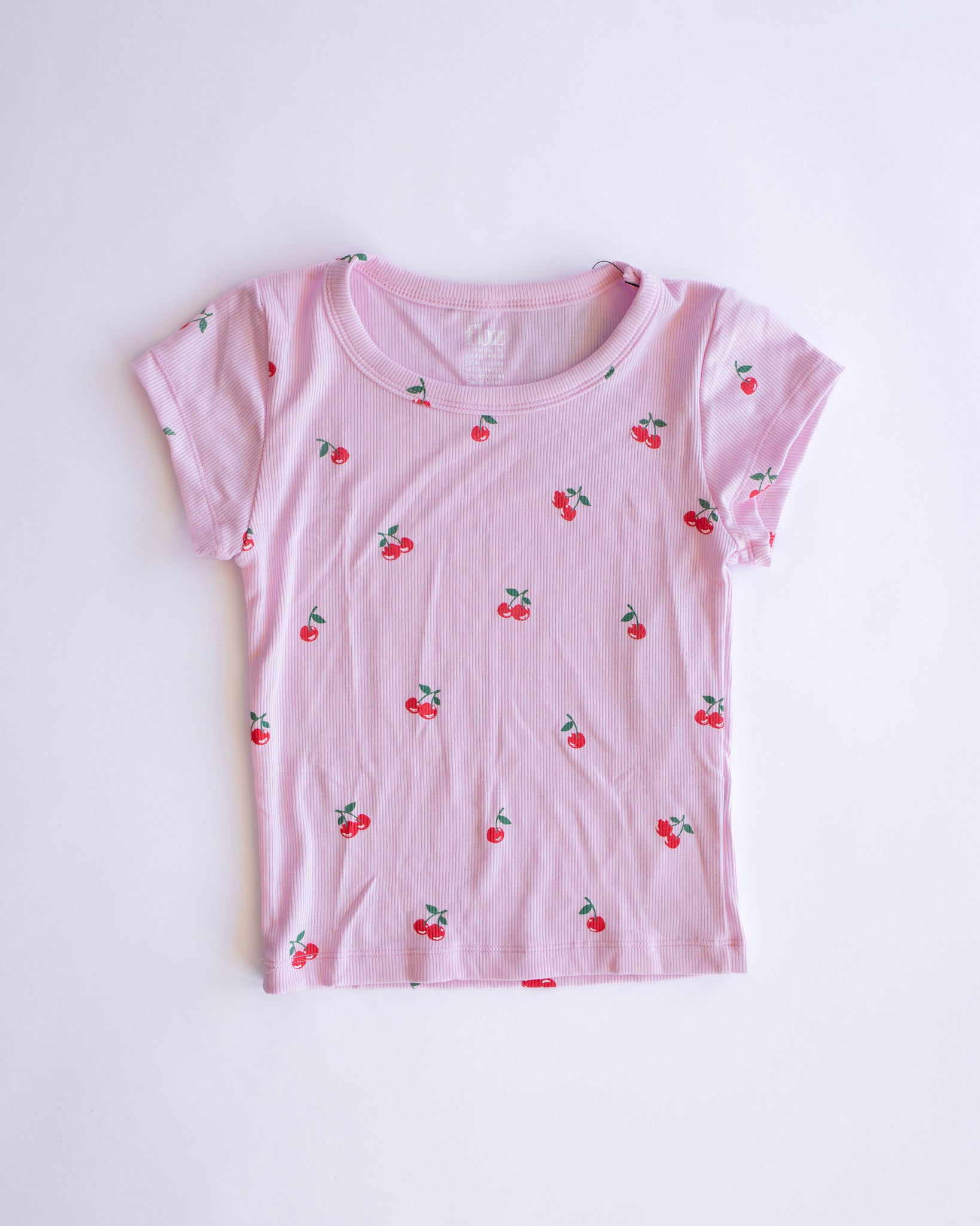 Cherry Print Ribbed Tee | Light Pink