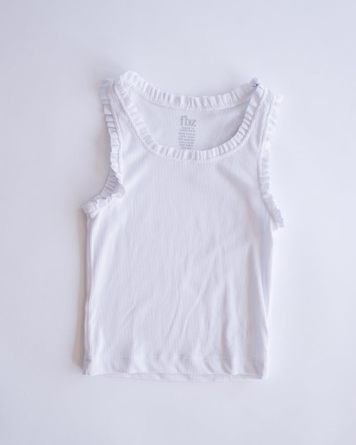 Ruffle Trim Ribbed Tank | White