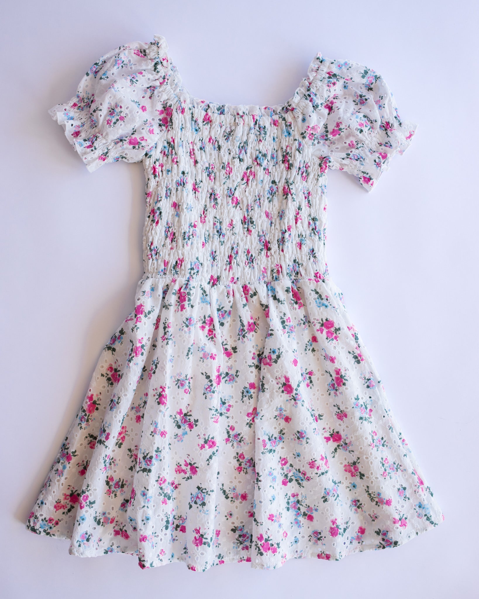 Eyelet Puff Sleeve Dress | White Multi Floral