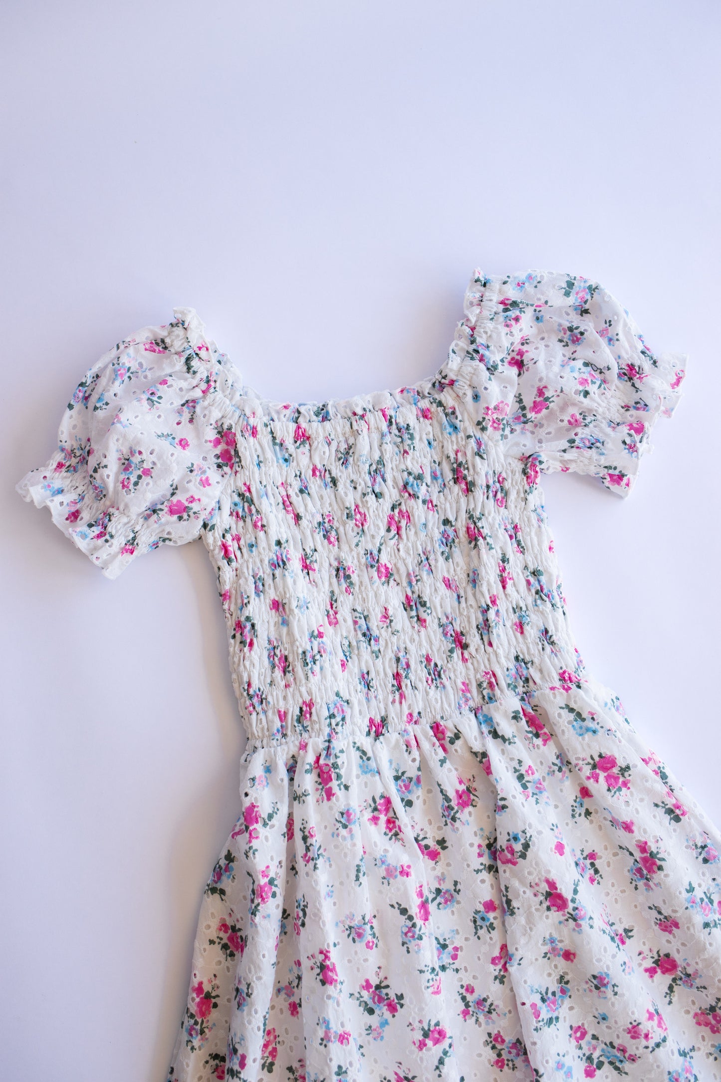 Eyelet Puff Sleeve Dress | White Multi Floral