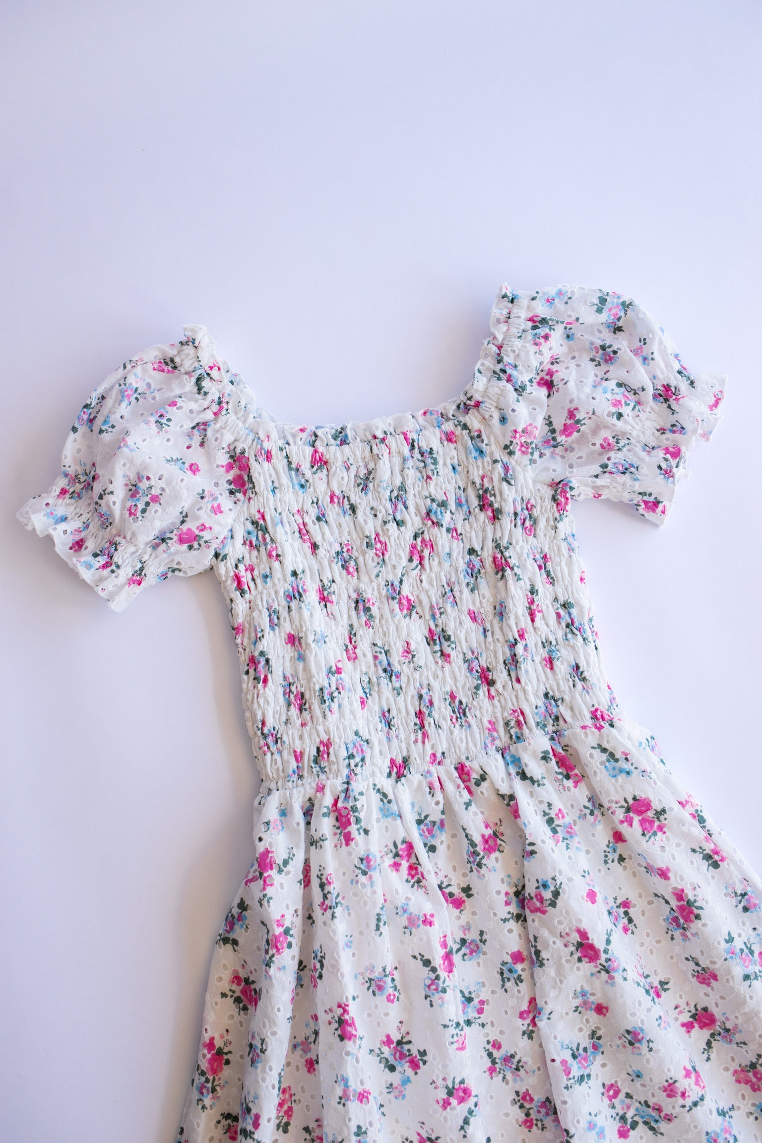 Eyelet Puff Sleeve Dress | White Multi Floral