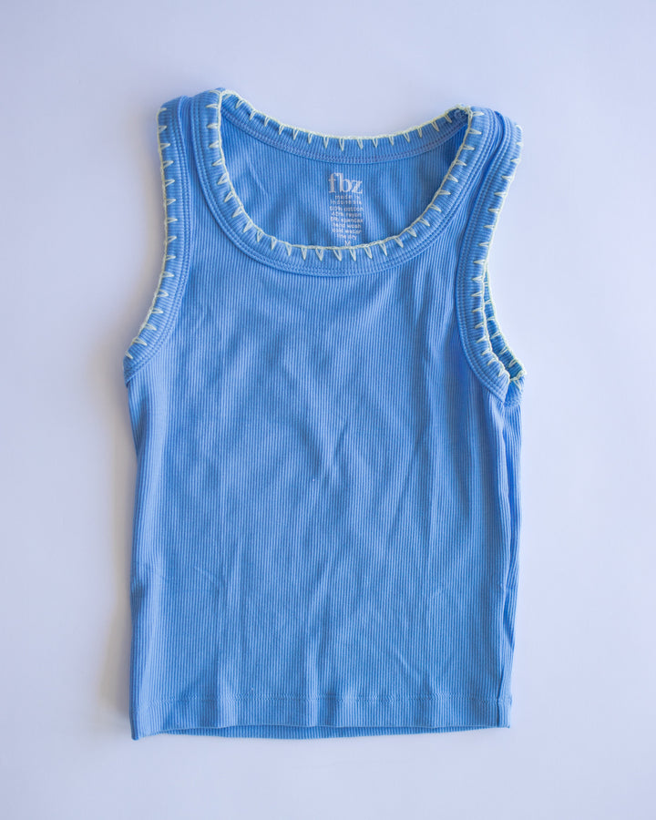 Crochet Trim Ribbed Tank | Blue