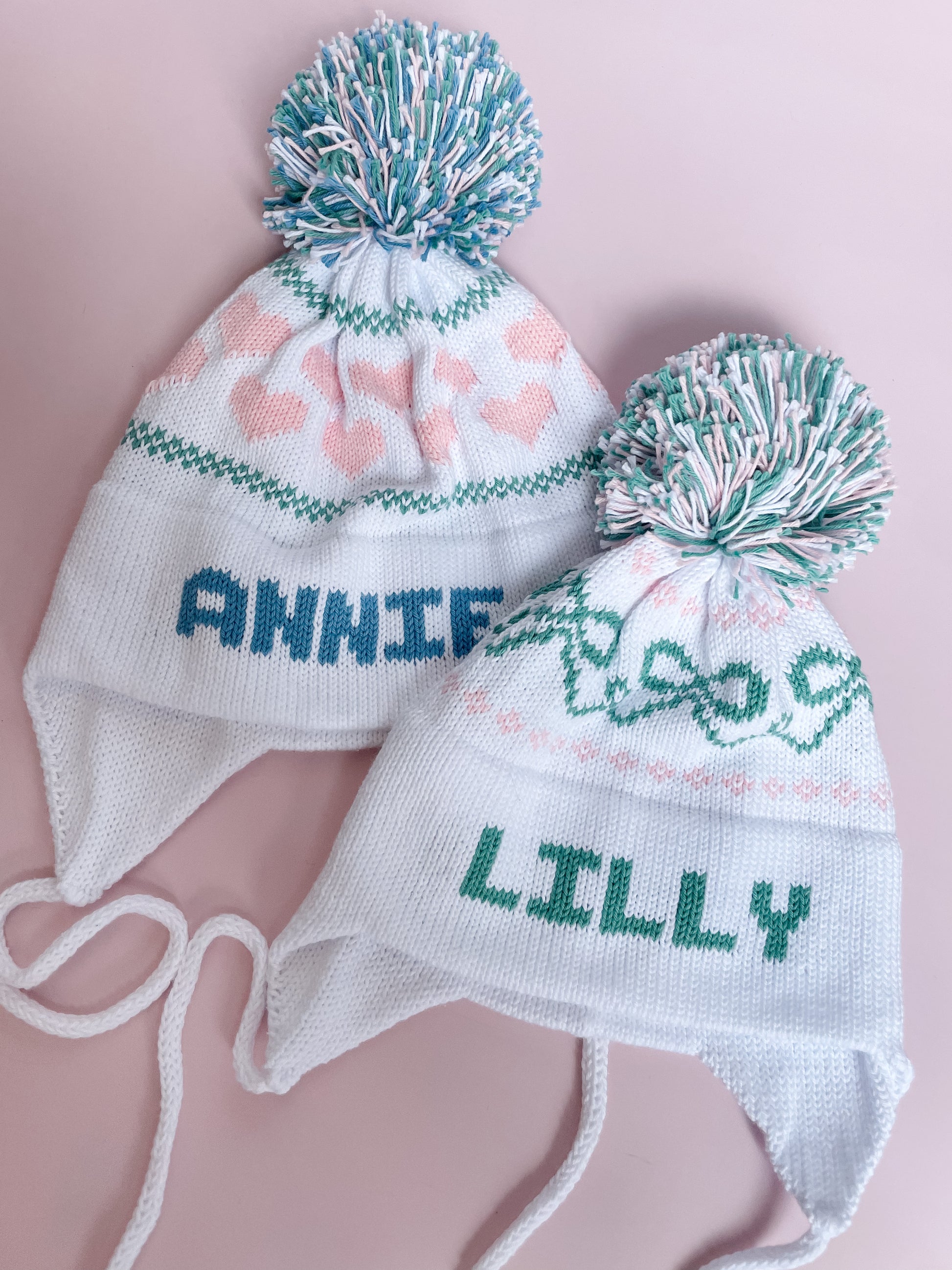 Hearts Earflap Hat | White with Denim, Light Green, & Light Pink