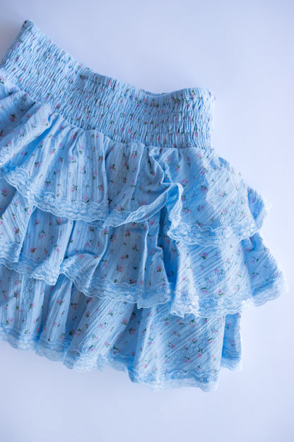 Lace Trim Tiered Skirt | Blue Mini Floral