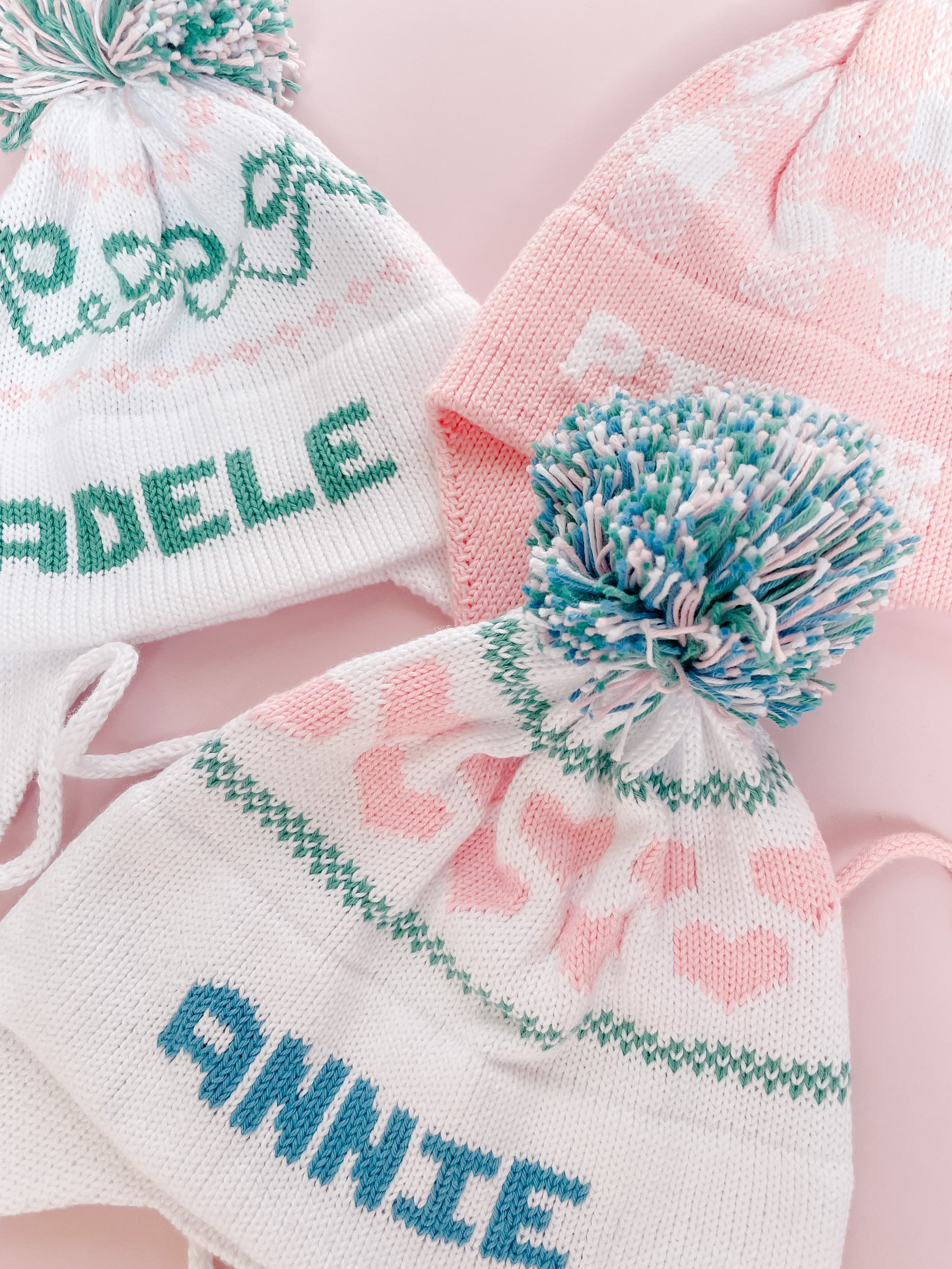 Hearts Earflap Hat | White with Denim, Light Green, & Light Pink