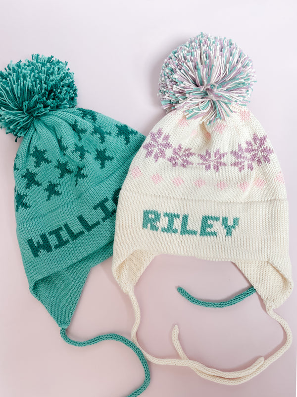 Stars Earflap Hat | Light Green & Hunter Green