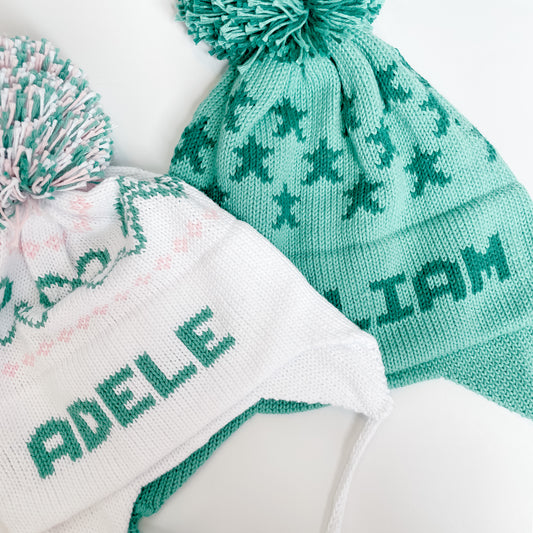 Bows Earflap Hat | White with Light Green & Light Pink