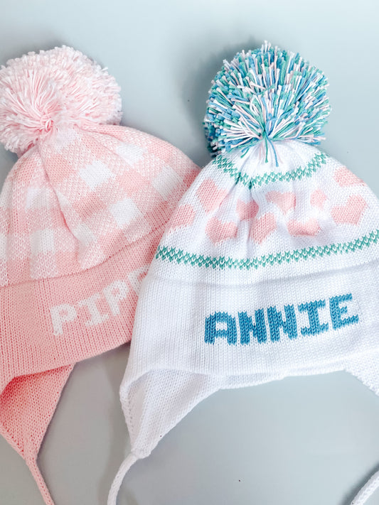 Hearts Earflap Hat | White with Denim, Light Green, & Light Pink