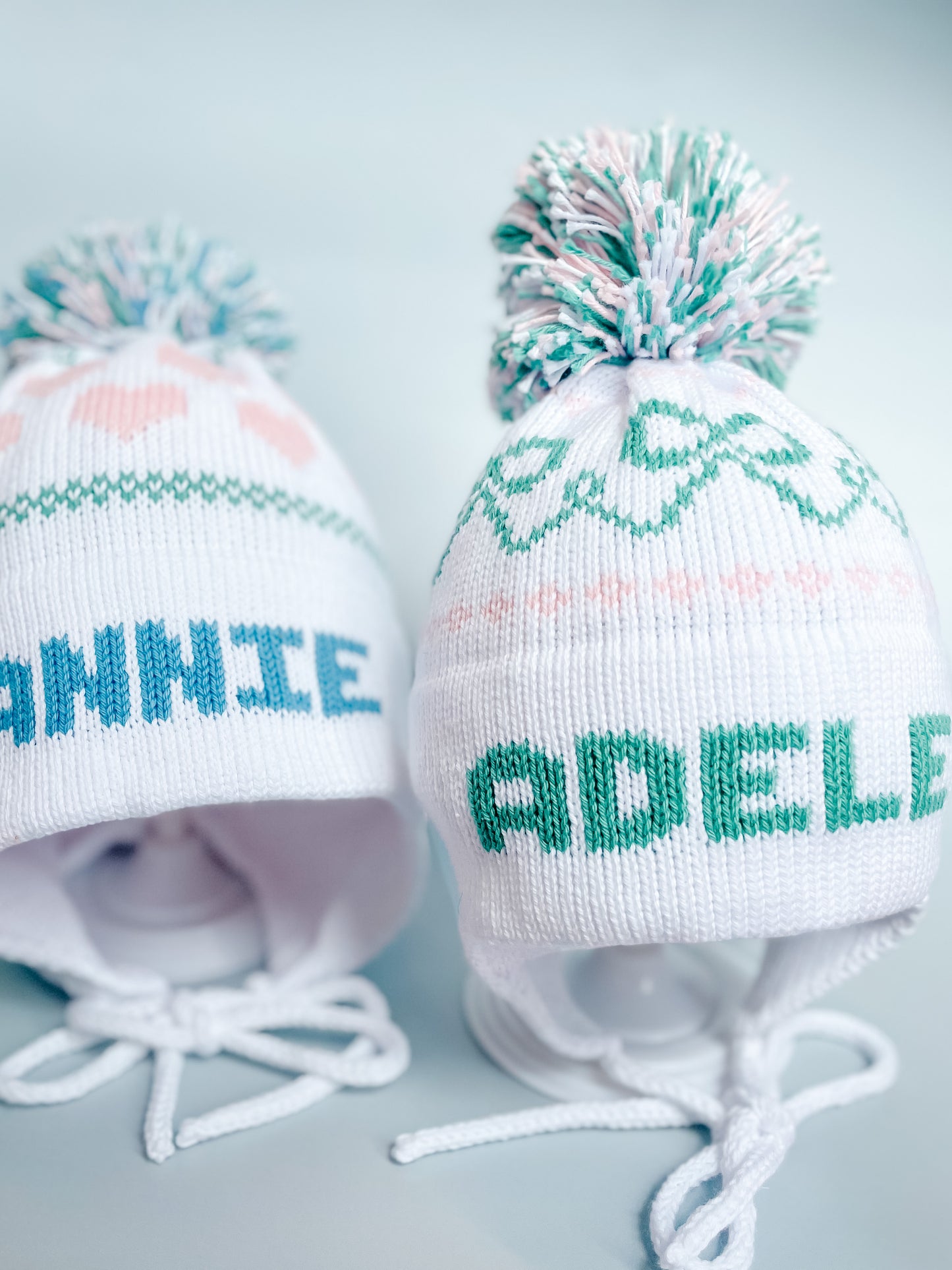 Hearts Earflap Hat | White with Denim, Light Green, & Light Pink