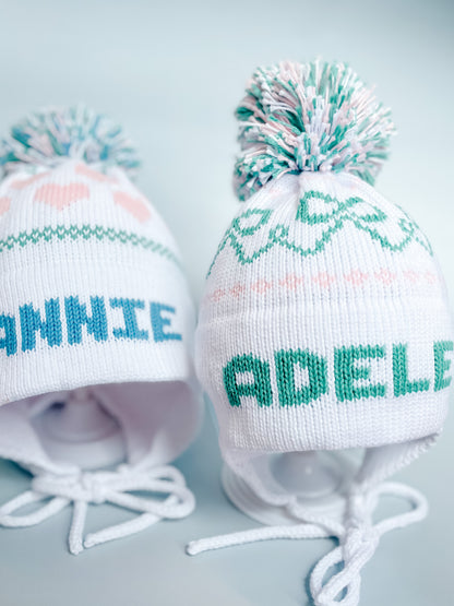 Hearts Earflap Hat | White with Denim, Light Green, & Light Pink