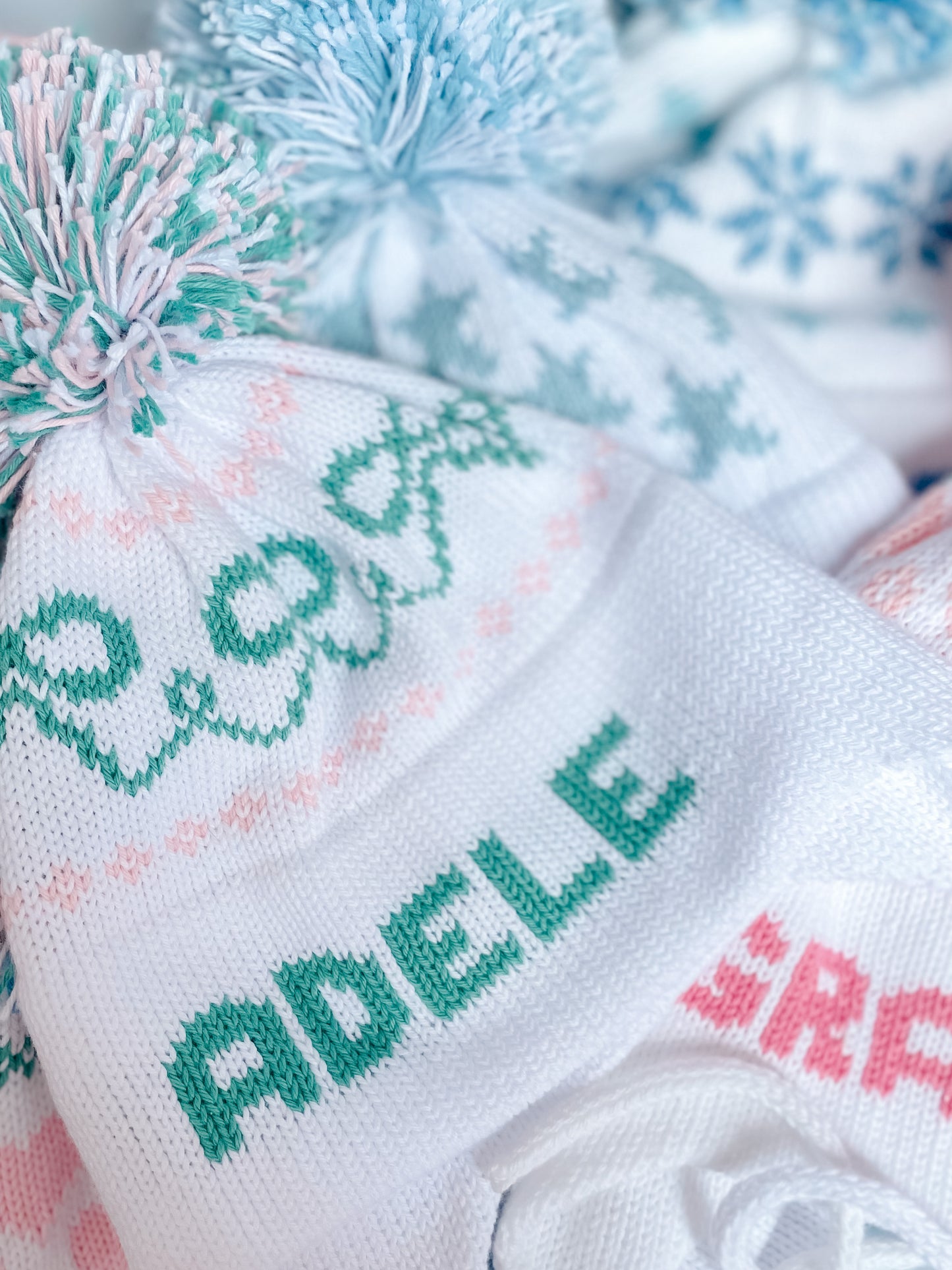 Bows Earflap Hat | White with Light Green & Light Pink