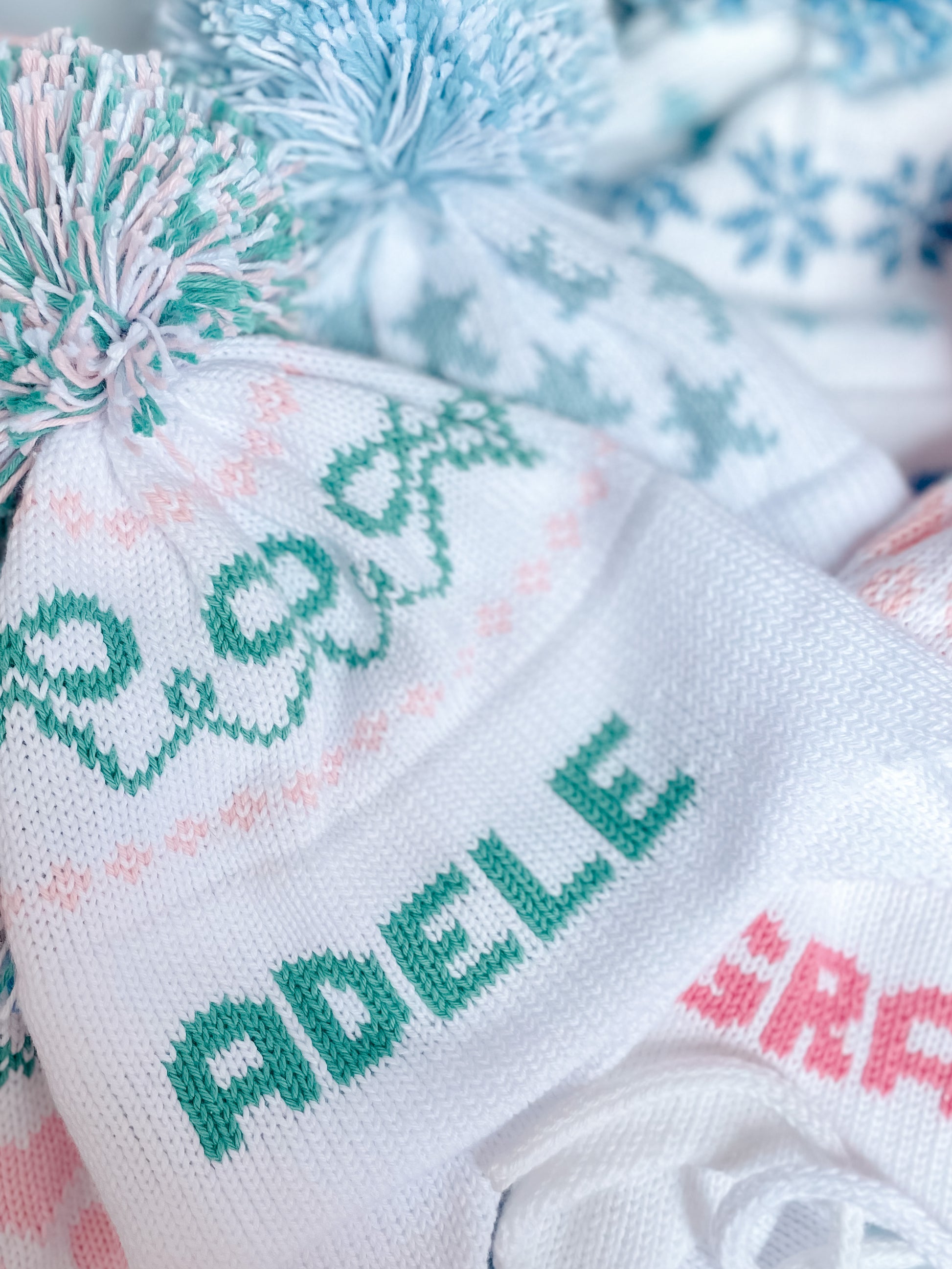 Bows Earflap Hat | White with Light Green & Light Pink